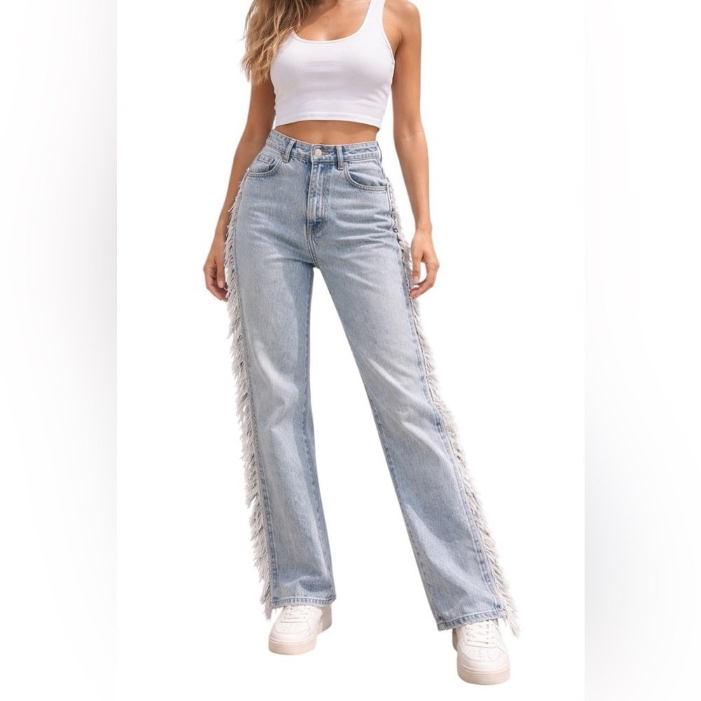 SHEIN Light Wash High Rise Fringe Seam Straight Leg Jeans Y2K Grunge Size 29